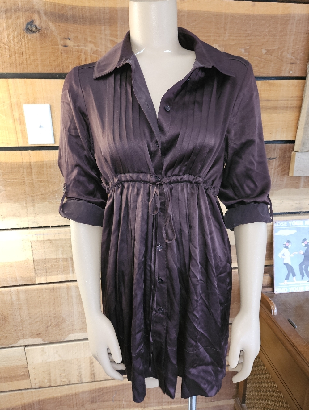 DREW 100% Silk Chocolate Brown Pintuck Pleated Old Money Shirt Dress Parisian Md